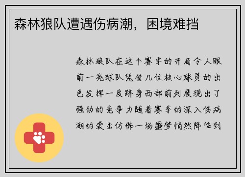森林狼队遭遇伤病潮，困境难挡